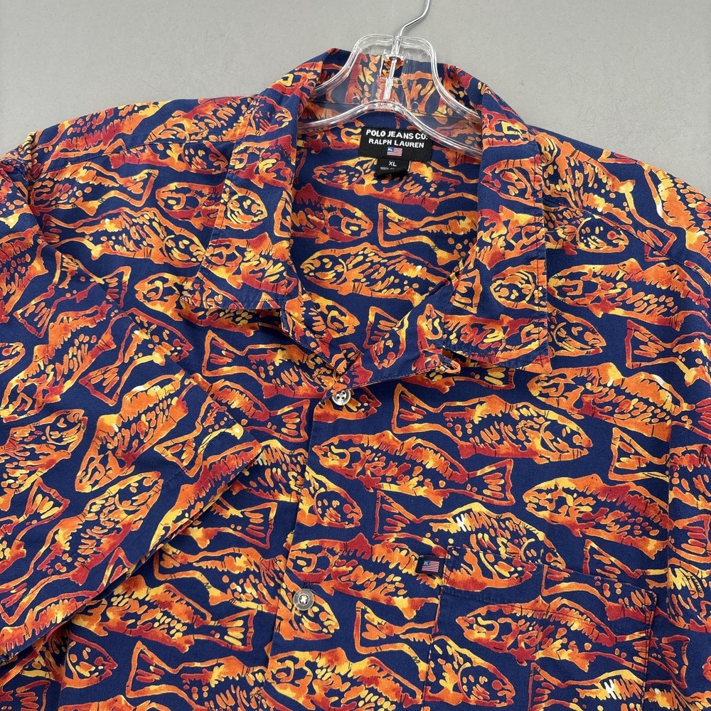 Vintage Polo Ralph Lauren Shirt Mens XL Camp Collar AOP Orange Blue Fish 90s Y2K